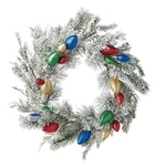 22" Raz Snow Flocked Pine Wreath Light Bulbs Ornament Retro Christmas Decor. Fixed Price $72.98.