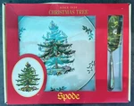 Vtg New Spode Christmas Tree Round Cake Plate Tray Serving Knife Set England. Fixed Price $30.00.