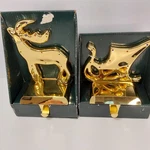 Sterling Inc. Stocking Holders, Reindeer, Sleigh, Gold Tone With Jewels, Heavy. Fixed Price $24.99.