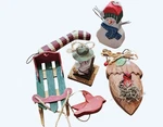 6 Vtg Wooden & Resin Christmas Ornaments Cardinal Snowman Sled S'more Stocking. Fixed Price $12.00.