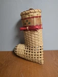 Woven Christmas Stocking Basket Wall Hanging Wicker Reed Red Holly Bow Decor. Fixed Price $24.99.