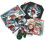 Vintage Christmas Kitchen Linens Set Holiday Cats Placemats Oven Mitts Old Stock. Fixed Price $75.00.