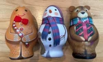 Snowman, Bear, Gingerbread Tin Containers That Open - Great For Storage Gifts. Fixed Price $17.99.