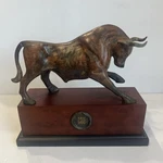 Bey Berk Brass Bull Sculpture With Flamed Patina Finish On Wood Base. Fixed Price $218.49.