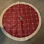 Round Christmas Tree Skirt Burgundy Linen Blend White Stitched Buttons. Fixed Price $25.00.