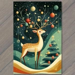 Art Print Christmas Reindeer Snowy Scene Festive Holiday Lights Ornaments. Fixed Price $11.99.
