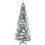 Costway 8FT Snow Flocked Christmas Pencil Tree W/ Berries & Poinsettia Flowers. Fixed Price $49.99.