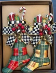 Pair Of Mackenzie Childs Red & Gold Tartan Stocking Ornaments. Fixed Price $200.00.