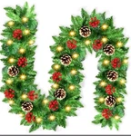 9 Foot Holiday Garland Green Berries With Lights Pinecones Battery Operated. Fixed Price $12.50.
