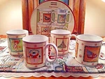 Set Of (4) Sakura Happy Holidays Christmas Stoneware Mugs By Gracey Knight Nib. Fixed Price $22.49.