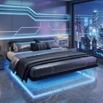 King Size Floating Bed Frame With Led Lights & Charging Station, Matte Black. Fixed Price $176.99.