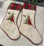 2/20 Long Red Cardinal Christmas Stocking, Plaid Top & Embroidery Melrose India. Fixed Price $35.00.
