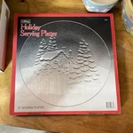 Libbey Pressed Glass Holiday Scene Round Glossy Platter 13" Clear. Fixed Price $15.00.