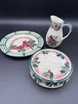 3 Piece Set Julie Ueland Christmas Cardinal Plate Cake Riser Pitcher. Fixed Price $72.88.