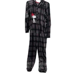 Peanuts Snoopy Hooded Union Suit Plaid One Piece Pajamas Black Red Large Warm. Fixed Price $22.00.