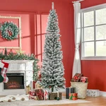 7.5' Artificial Snow Flocked Christmas Holiday Pencil Tree Winter Decoration. Fixed Price $69.99.