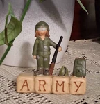 Retired Blossom Bucket Army Girl Word Block Figurine By Suzi Skoglund. Fixed Price $10.00.