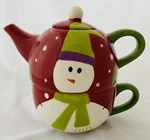 Pier 1 Imports Snowball Snowman For ONE,3 Piece Stackable Teapot Lid Cup Set. Fixed Price $15.00.