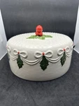 Vintage Christmas Cake Stand Dome Holly Berry Ceramic Covered Plate Top Onl. Fixed Price $39.00.