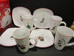 Gourmet By Fitz & Floyd (4) Tall Latte Coffee Mugs Square Plates Christmas. Fixed Price $34.99.
