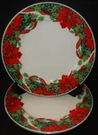 2 Holiday Dinner Plates Gibson Houseware Christmas Holly Ribbon Poinsettias 1997. Fixed Price $36.00.