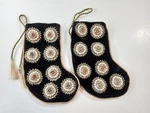 Pair Of Sudha 6" Black Beaded Tassel Velvet Christmas Stockings Made India. Fixed Price $37.48.