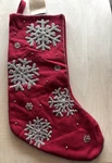 Lovely Dillards Christmas Stocking Red Silver Beaded Snowflakes Nwt 22". Fixed Price $29.95.