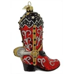 Noble Gems Red & Black Cowboy Boot With Spur Glass Ornament. Fixed Price $12.99.