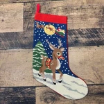 Handmade Needlepoint Wool Christmas Stocking Rudolph Santa Sleigh Winter Holiday. Fixed Price $52.00.
