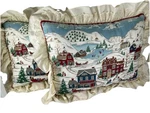 Vtg Christmas Throw Pillow Town Snow Scene Ruffle Lace 15X11" Sleigh Ride Linde. Fixed Price $16.99.