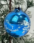 Vintage Blue Shiny Brite Santa Claus Toys Skis Glass Merry Christmas Ornament. Fixed Price $24.00.