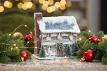 Ragon House Christmas Light Up Snowy Log Cabin Saltbox Putz 6". Fixed Price $49.00.