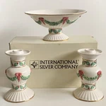 International Silver Company Ceramic Gold Rim 3 Pc Christmas Set Candle Holder. Fixed Price $19.99.
