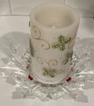 Lightscapes By Valerie Par Hill Flameless Candle. Holly Design With Glass Base. Fixed Price $45.00.
