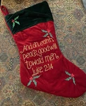 Velvet Christmas Stocking Luke 2:14 Embroidered & Green Holly Berries 17"1/2. Fixed Price $19.85.