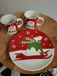 Crate & Barrel Snack Set 2 Snowman Mugs And Dog On Sled Plate. Fixed Price $22.00.