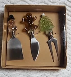 New Dennis East Christmas Blownglasshandle Cheese/hors D'ouvres 3PC Utensils Nib. Fixed Price $24.44.