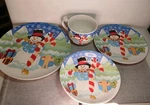 Snowman Christmas 4 Piece Ceramic Dinner Set Mug Bowl Salad And Plate. Fixed Price $14.00.