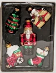 5 Lucerne Glass Christmas Ornaments: Tree, Package, Santa, Train, Stocking. Fixed Price $6.99.