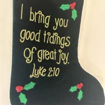Velvet Christmas Stocking Embroidery Bring Good Tidings Of Great Joy Luke 2:10. Fixed Price $8.99.