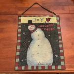 Primitive Snowman Joy Holiday Tapestry Wall Hanging Susan Winget 16.5 13 Xmas. Fixed Price $22.99.