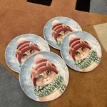 Set Of Four Pier 1 Christmas Cat Santa Hat Salad Plate 9" Ironstone. Fixed Price $49.99.