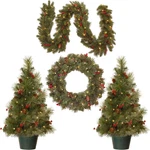 Pre-lit White Led Christmas Decor Set: Wreath, Garland & 2 Trees. Fixed Price $384.99.